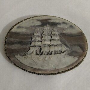 Vintage Incolay Stone Belt Buckle Cameo Sailing Ship Boat Clipper Nautical